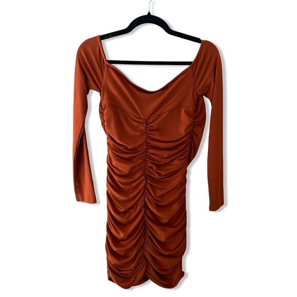 Lovers And Friends Lira Mini Dress Ginger Brown off shoulder stretch Revolve XS - Picture 5 of 9